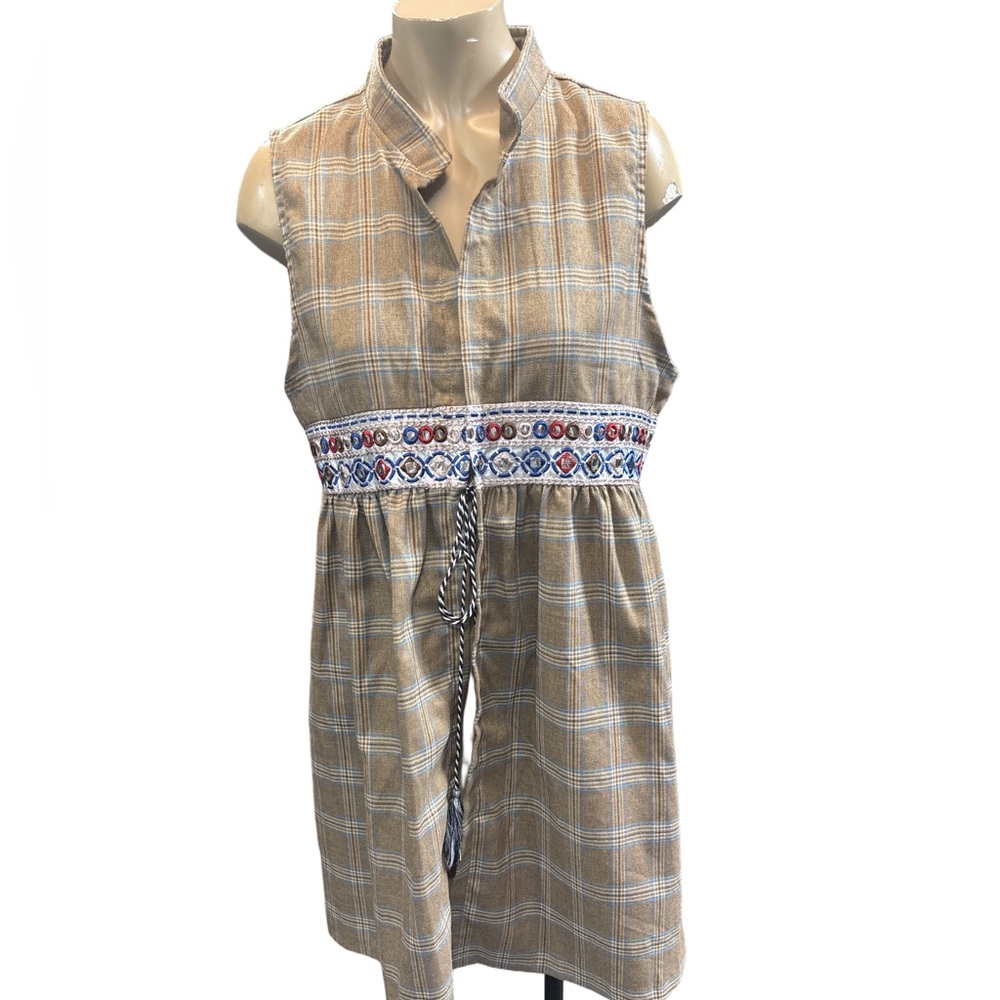 Plaid Long vest with Embroidered Waist
